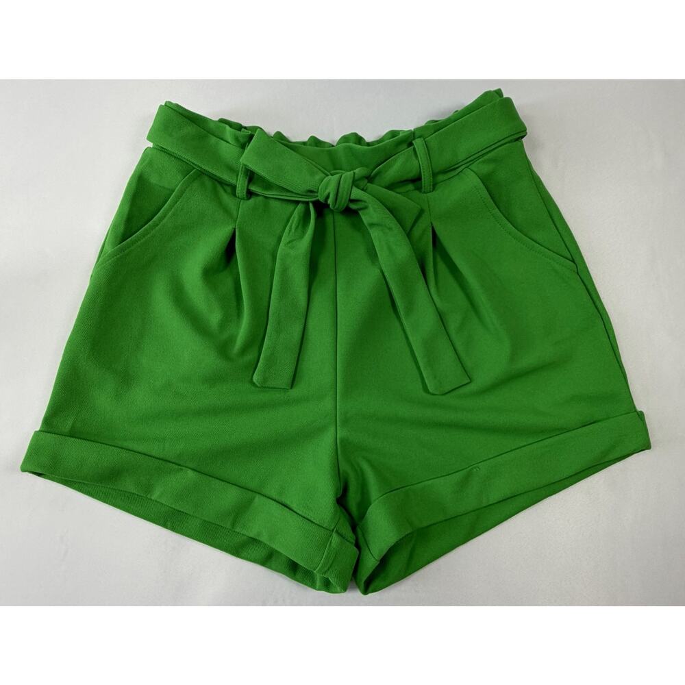 Haute Monde High Waisted Paperbag Shorts Womens Green Tie Belted Cuffed - Medium